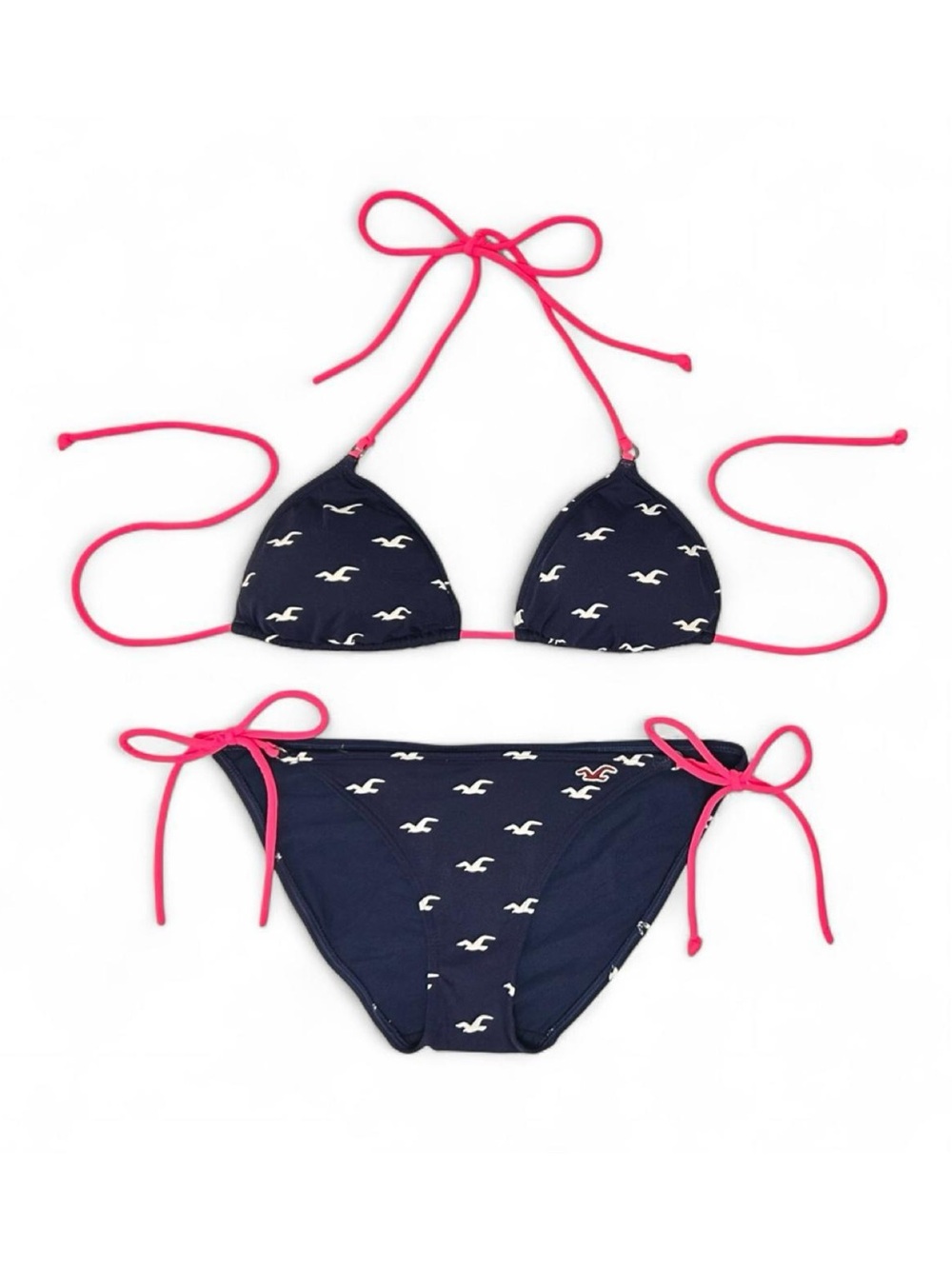 Y2K 2000s Hollister Navy Blue & Pink Seagull Logo Print Halter Bikini Set